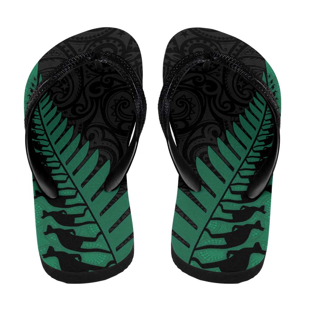 Australia New Zealand Rugby Flip Flops Green Aboriginal Wallabies and Maori Black Fern - Aussie Hoodie