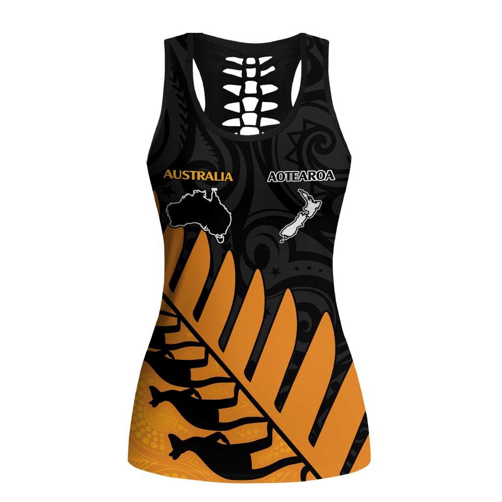 Australia New Zealand Rugby Hollow Tank Top Gold Aboriginal Wallabies and Maori Black Fern - Aussie Hoodie