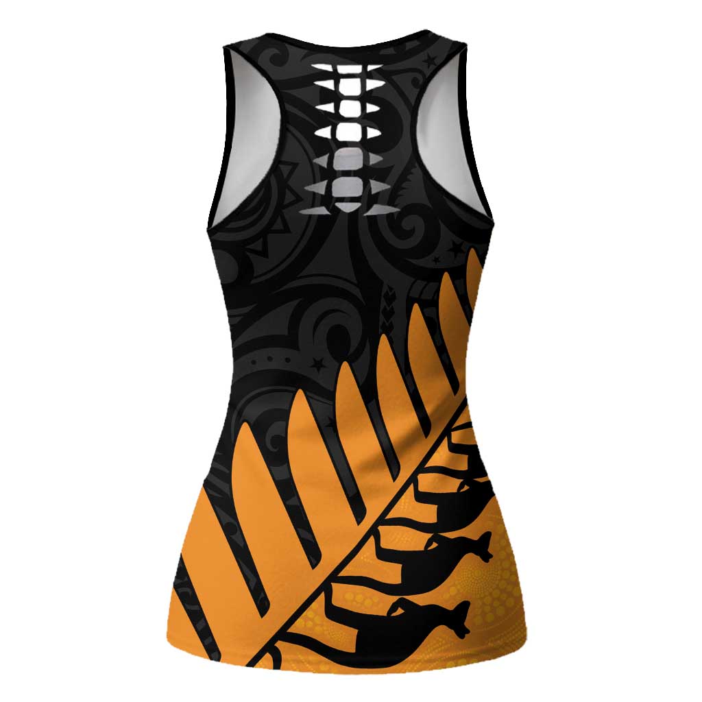Australia New Zealand Rugby Hollow Tank Top Gold Aboriginal Wallabies and Maori Black Fern - Aussie Hoodie