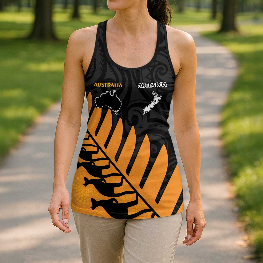 Australia New Zealand Rugby Hollow Tank Top Gold Aboriginal Wallabies and Maori Black Fern - Aussie Hoodie