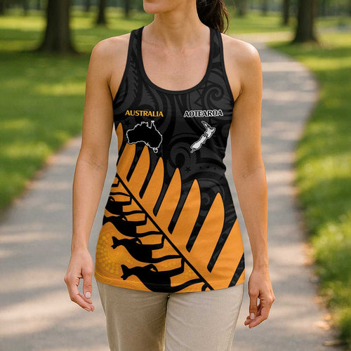 Australia New Zealand Rugby Hollow Tank Top Gold Aboriginal Wallabies and Maori Black Fern - Aussie Hoodie