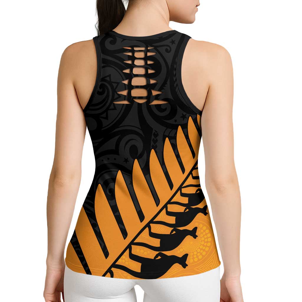 Australia New Zealand Rugby Hollow Tank Top Gold Aboriginal Wallabies and Maori Black Fern - Aussie Hoodie