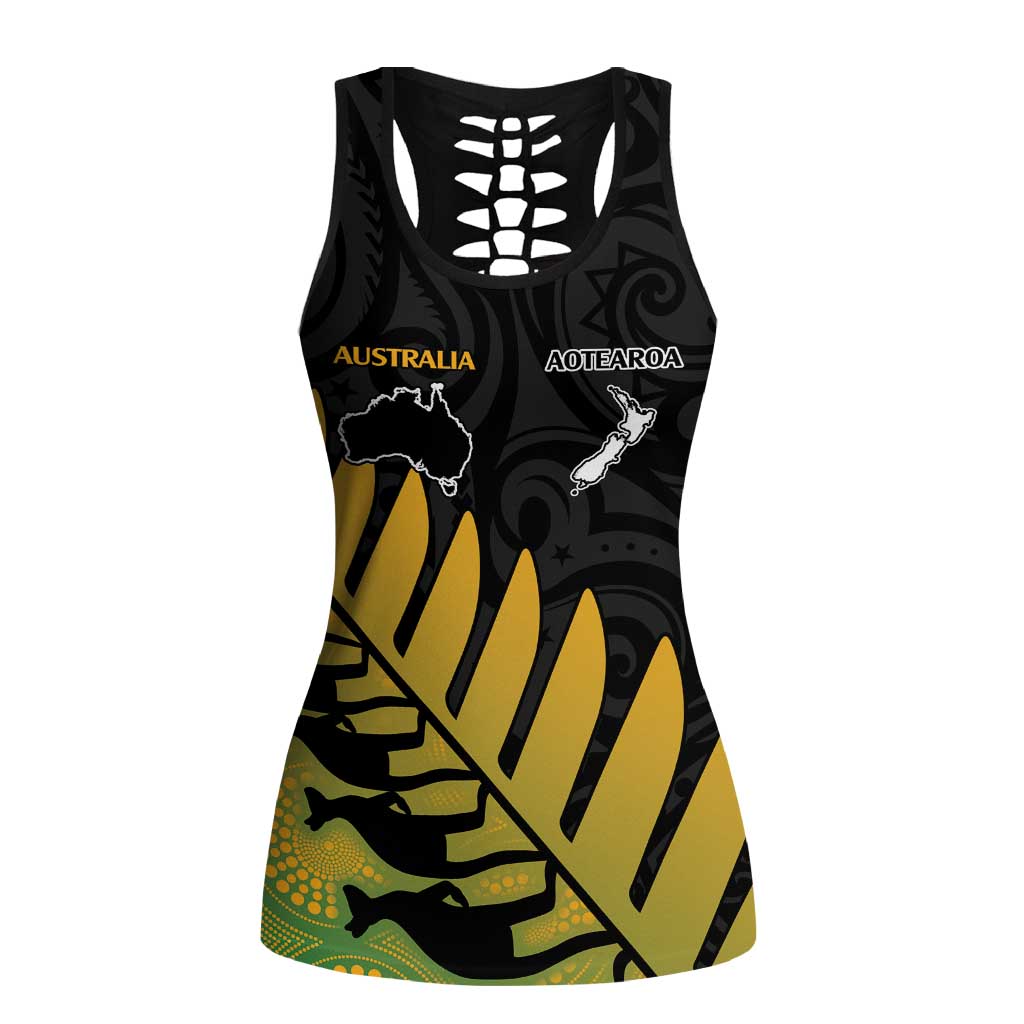 Australia New Zealand Rugby Hollow Tank Top Gradient Aboriginal Wallabies and Maori Black Fern - Aussie Hoodie