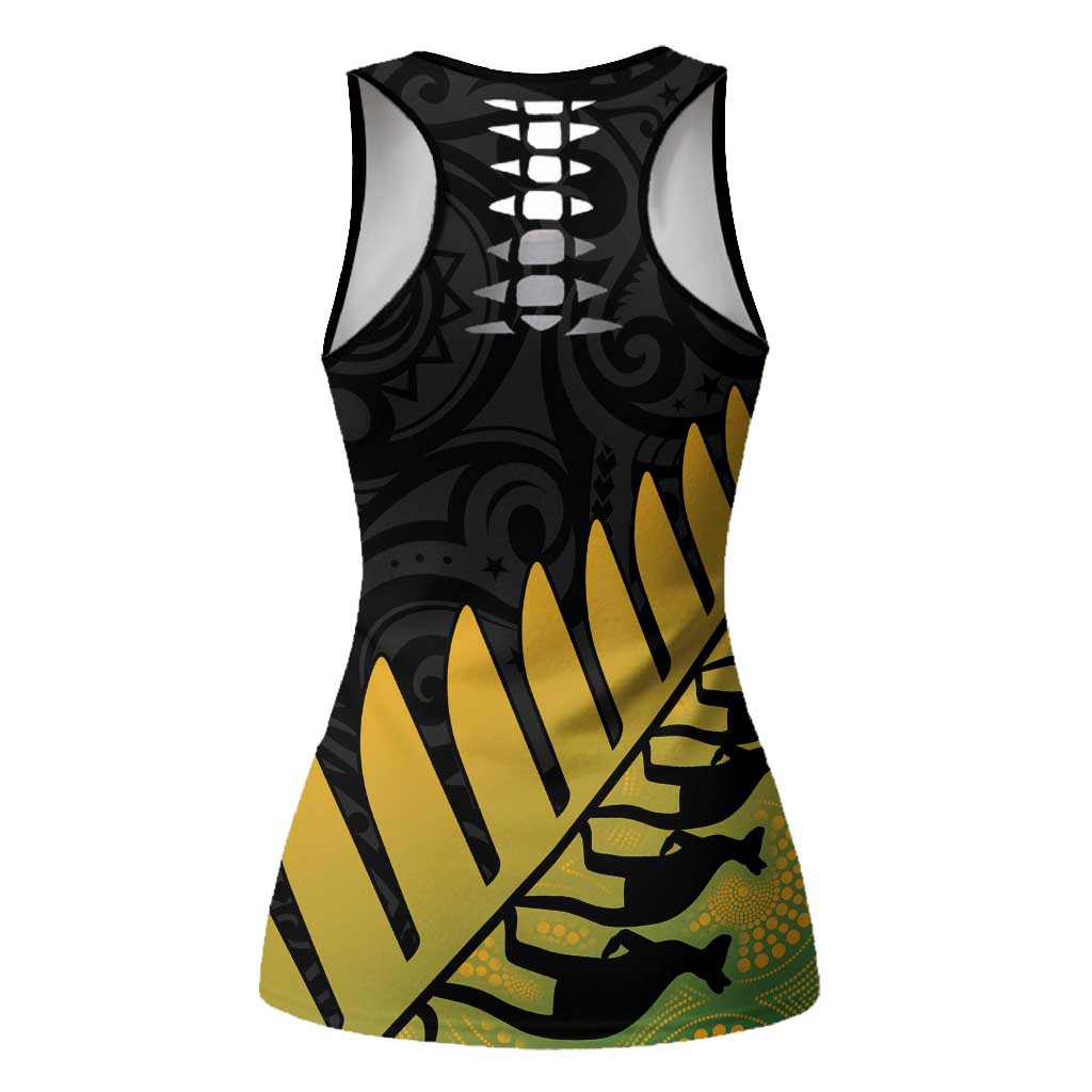 Australia New Zealand Rugby Hollow Tank Top Gradient Aboriginal Wallabies and Maori Black Fern - Aussie Hoodie