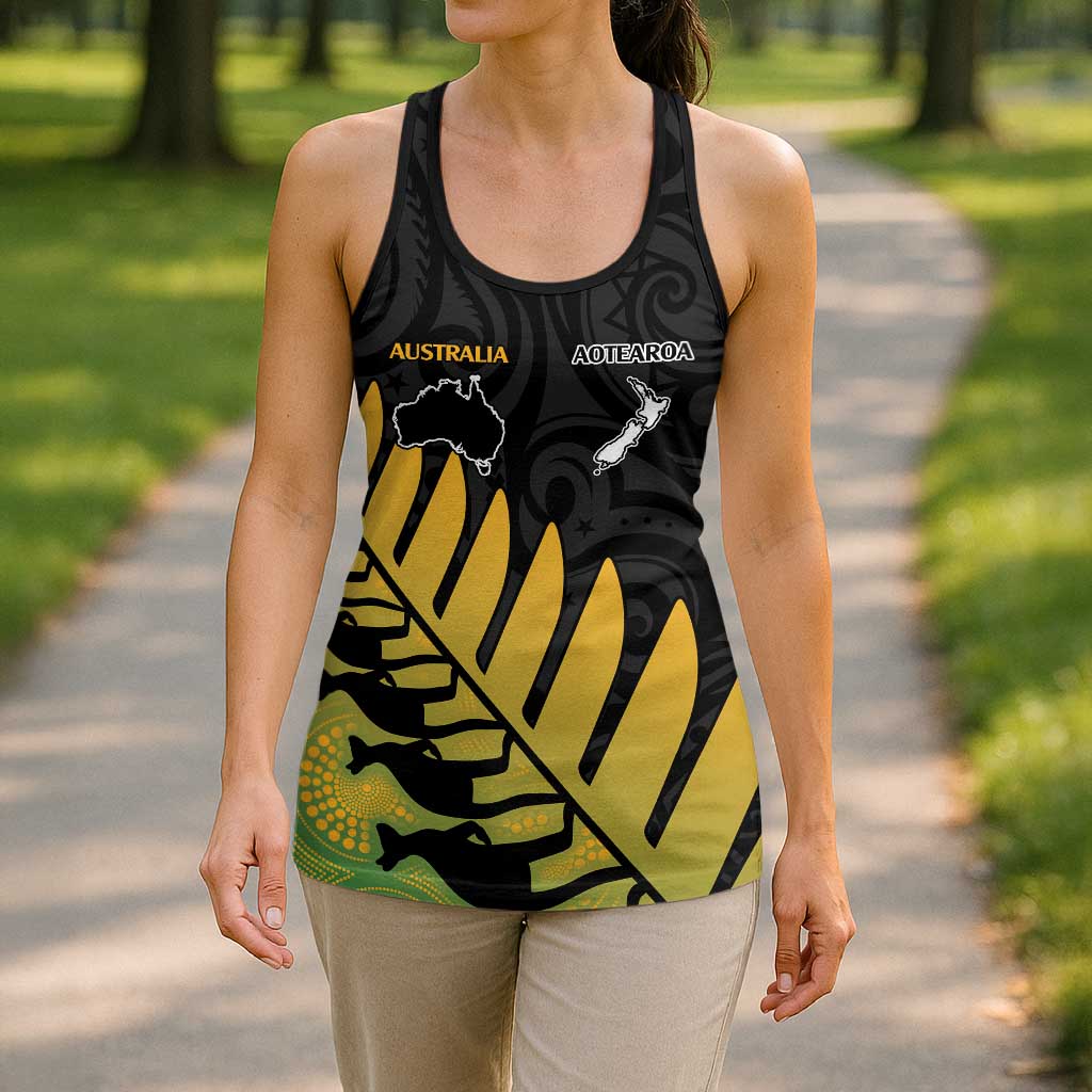 Australia New Zealand Rugby Hollow Tank Top Gradient Aboriginal Wallabies and Maori Black Fern - Aussie Hoodie