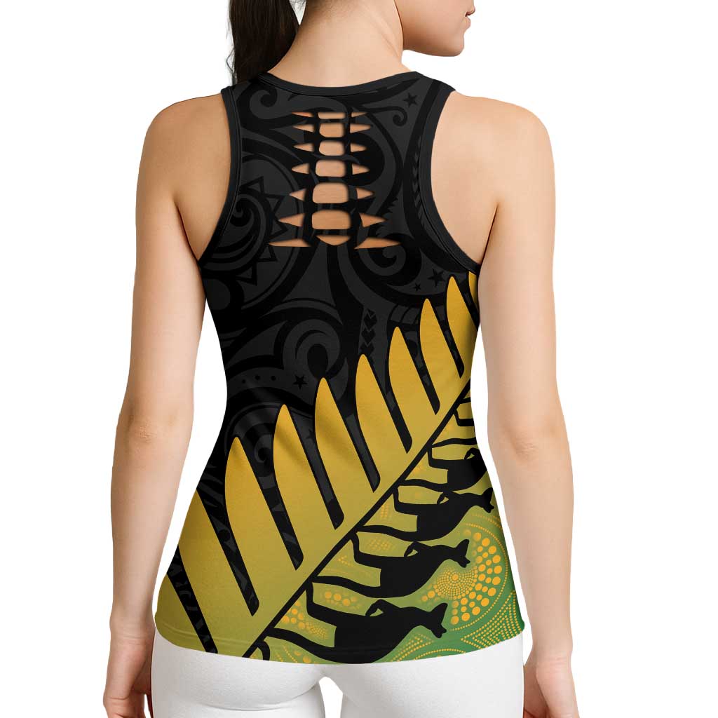 Australia New Zealand Rugby Hollow Tank Top Gradient Aboriginal Wallabies and Maori Black Fern - Aussie Hoodie