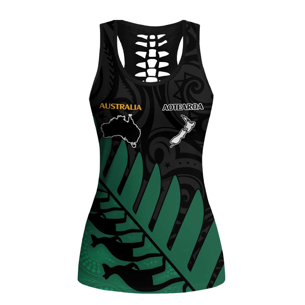 Australia New Zealand Rugby Hollow Tank Top Green Aboriginal Wallabies and Maori Black Fern - Aussie Hoodie
