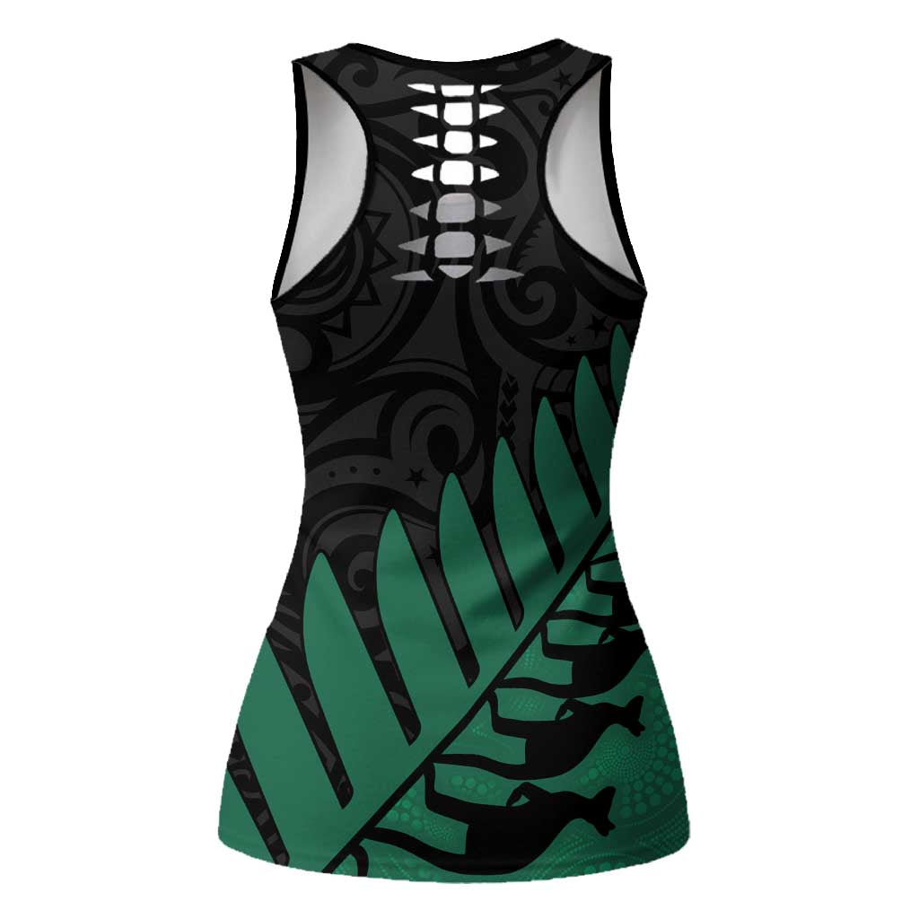 Australia New Zealand Rugby Hollow Tank Top Green Aboriginal Wallabies and Maori Black Fern - Aussie Hoodie