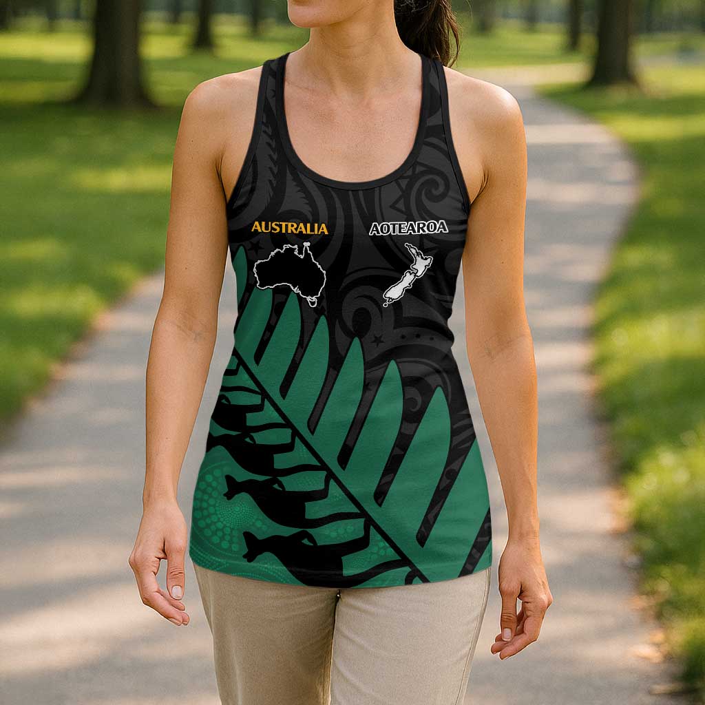 Australia New Zealand Rugby Hollow Tank Top Green Aboriginal Wallabies and Maori Black Fern - Aussie Hoodie
