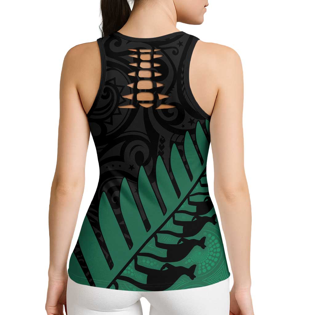 Australia New Zealand Rugby Hollow Tank Top Green Aboriginal Wallabies and Maori Black Fern - Aussie Hoodie