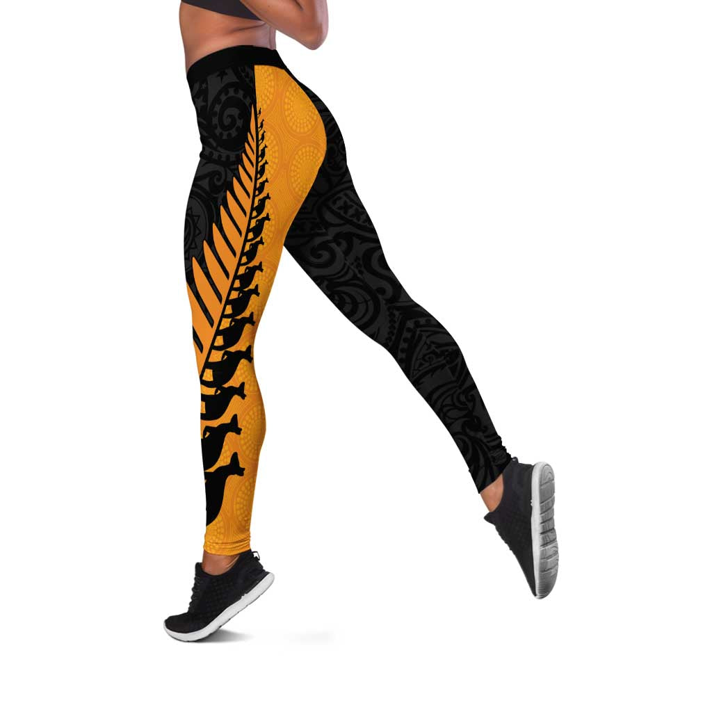Australia New Zealand Rugby Leggings Gold Aboriginal Wallabies and Maori Black Fern - Aussie Hoodie