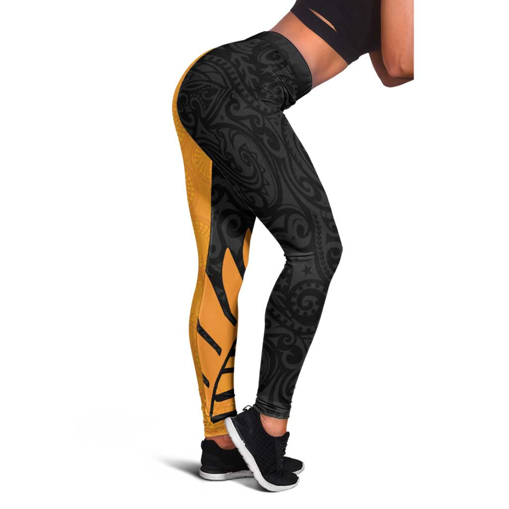 Australia New Zealand Rugby Leggings Gold Aboriginal Wallabies and Maori Black Fern - Aussie Hoodie