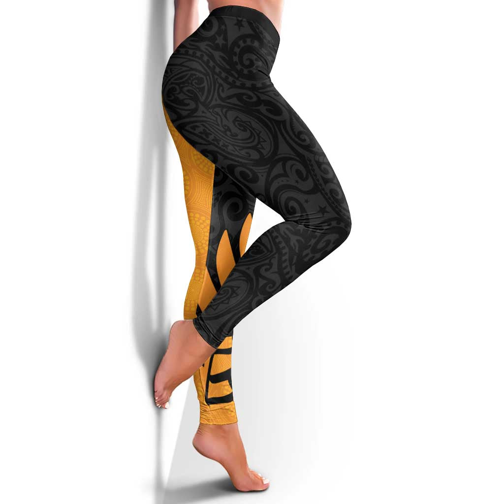 Australia New Zealand Rugby Leggings Gold Aboriginal Wallabies and Maori Black Fern - Aussie Hoodie