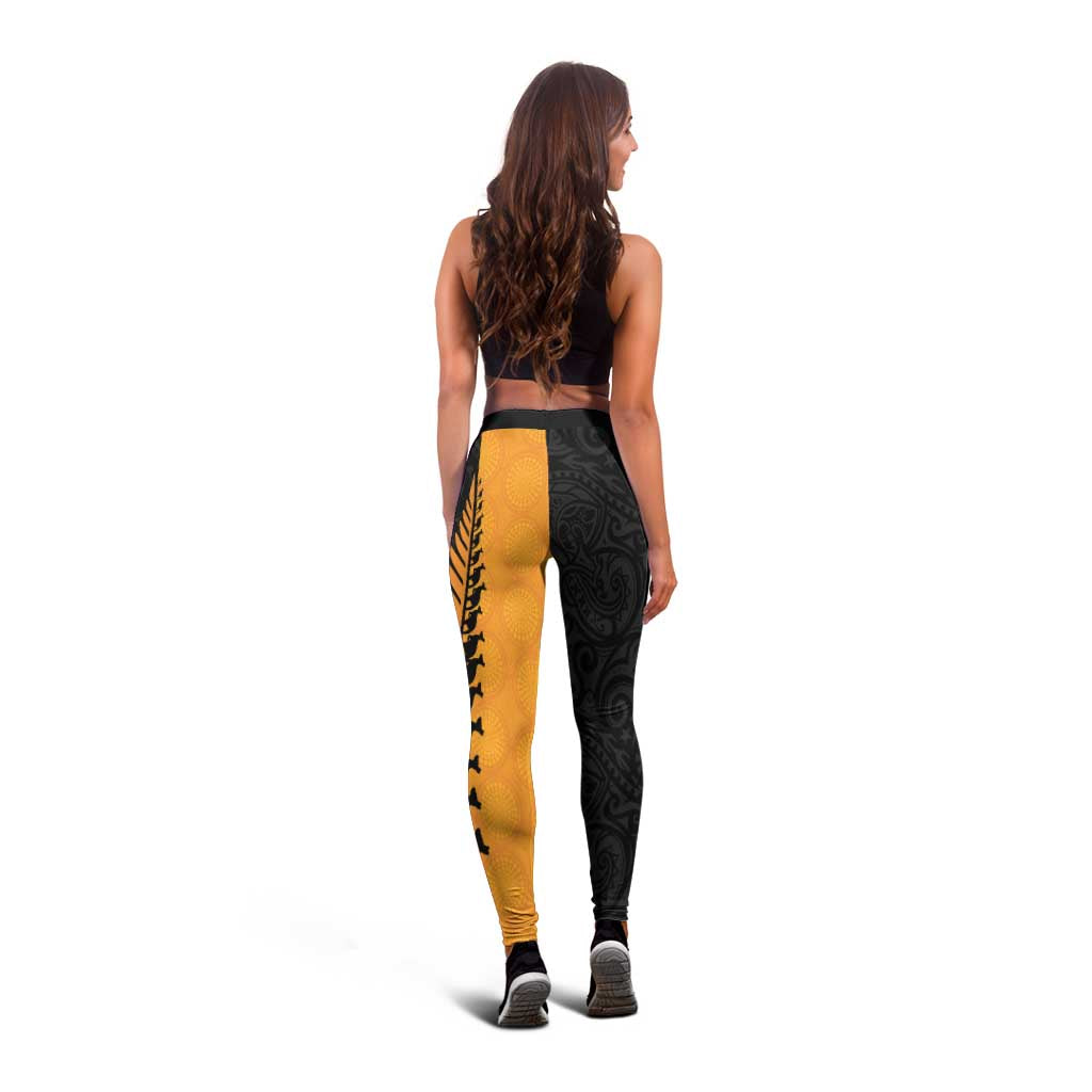 Australia New Zealand Rugby Leggings Gold Aboriginal Wallabies and Maori Black Fern - Aussie Hoodie