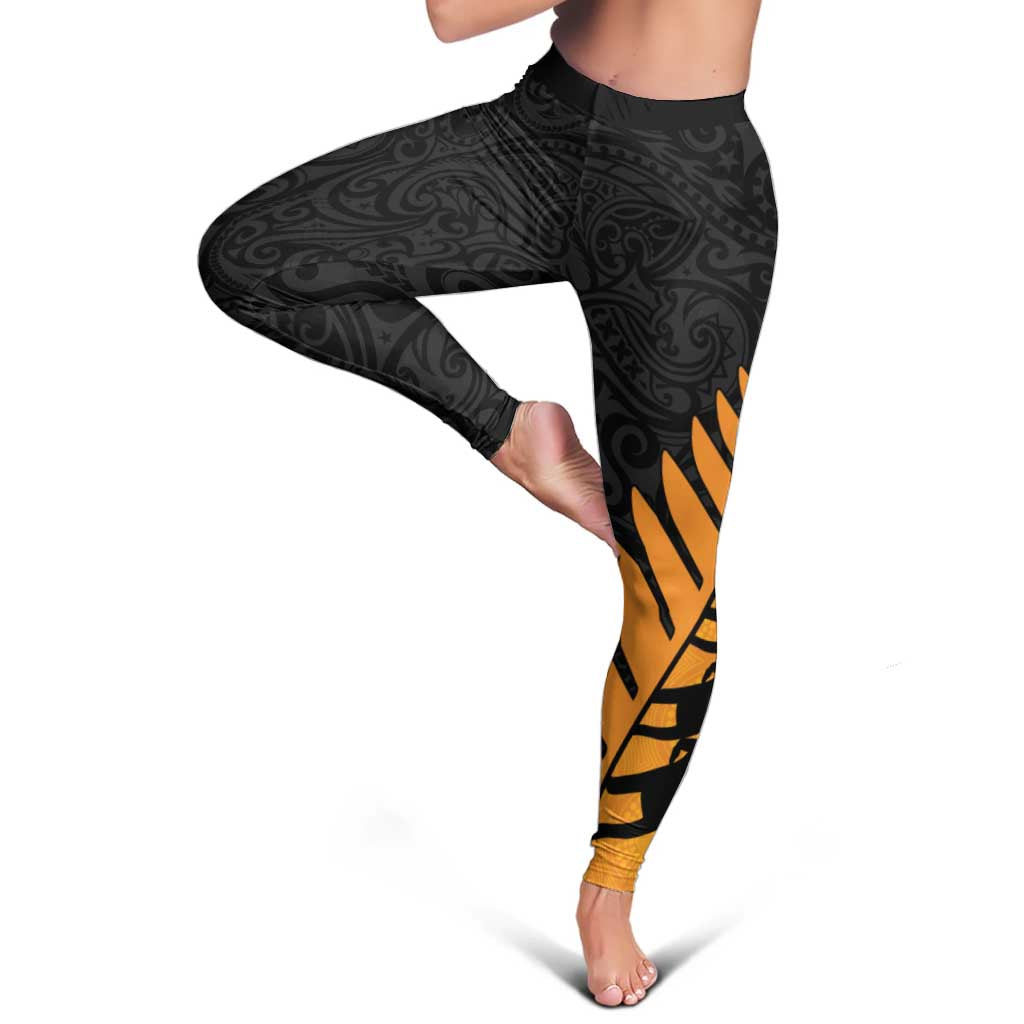 Australia New Zealand Rugby Leggings Gold Aboriginal Wallabies and Maori Black Fern - Aussie Hoodie