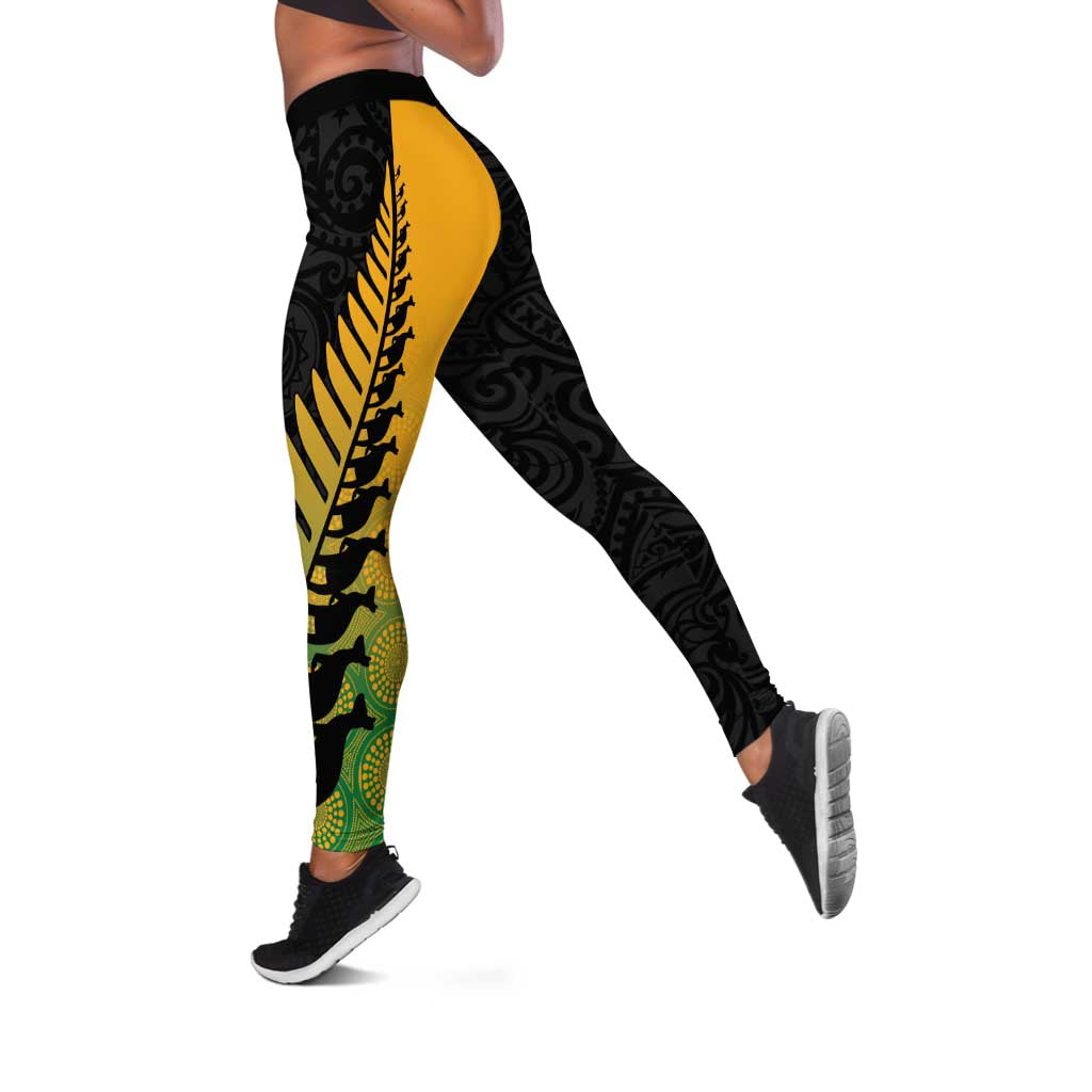 Australia New Zealand Rugby Leggings Gradient Aboriginal Wallabies and Maori Black Fern - Aussie Hoodie