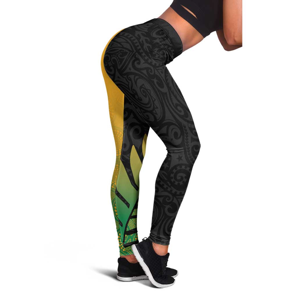 Australia New Zealand Rugby Leggings Gradient Aboriginal Wallabies and Maori Black Fern - Aussie Hoodie