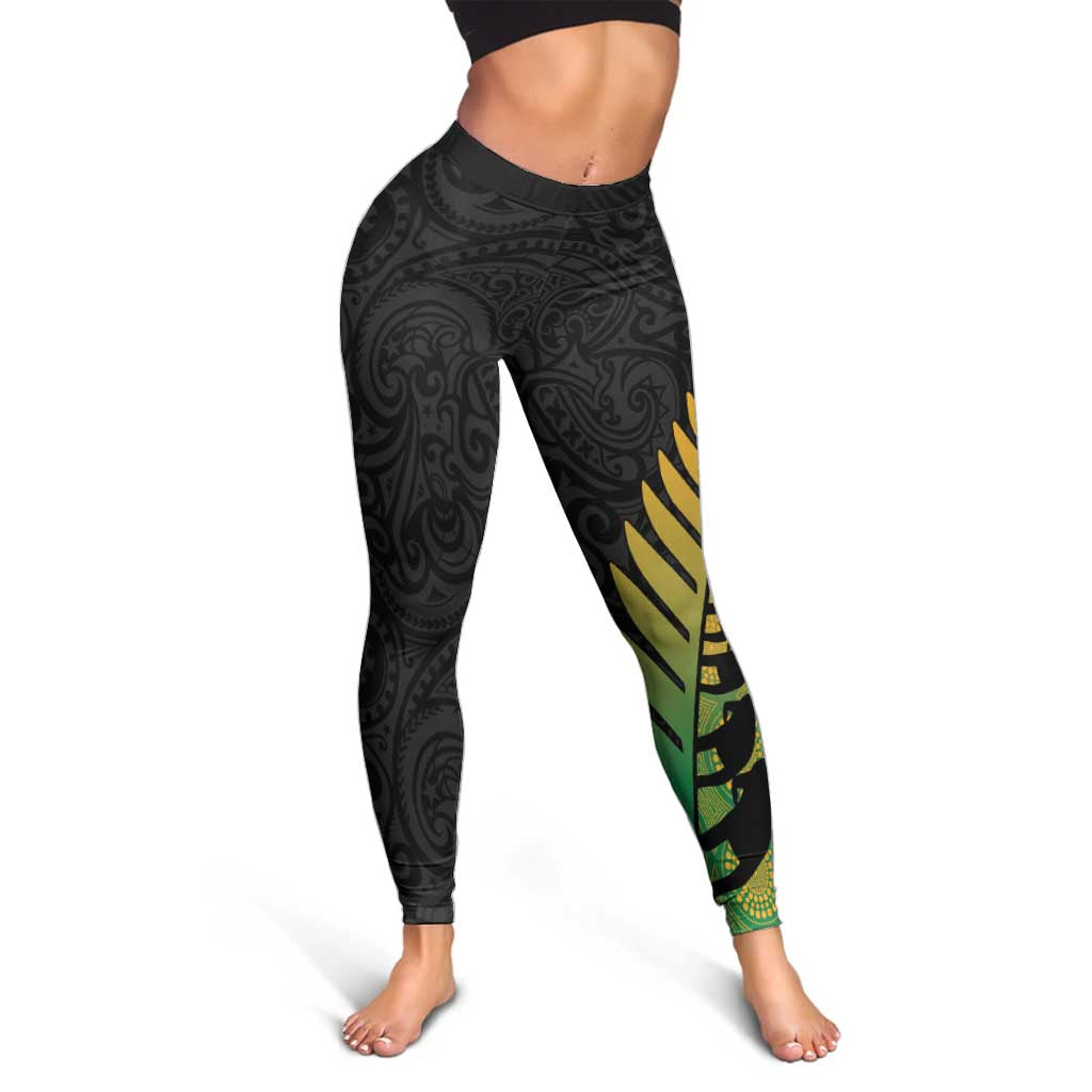 Australia New Zealand Rugby Leggings Gradient Aboriginal Wallabies and Maori Black Fern - Aussie Hoodie