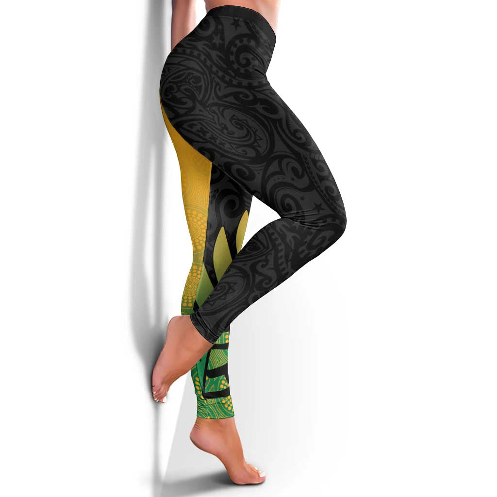 Australia New Zealand Rugby Leggings Gradient Aboriginal Wallabies and Maori Black Fern - Aussie Hoodie