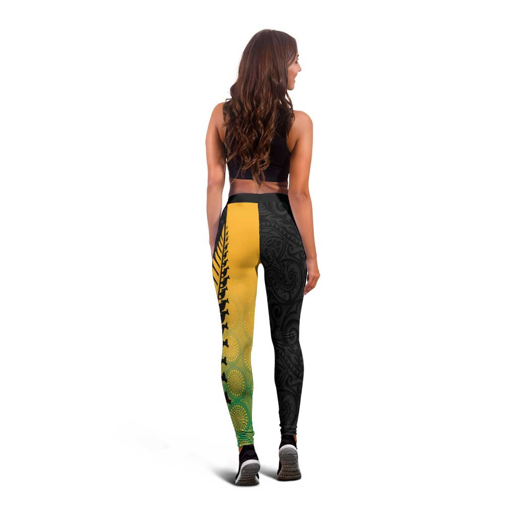 Australia New Zealand Rugby Leggings Gradient Aboriginal Wallabies and Maori Black Fern - Aussie Hoodie