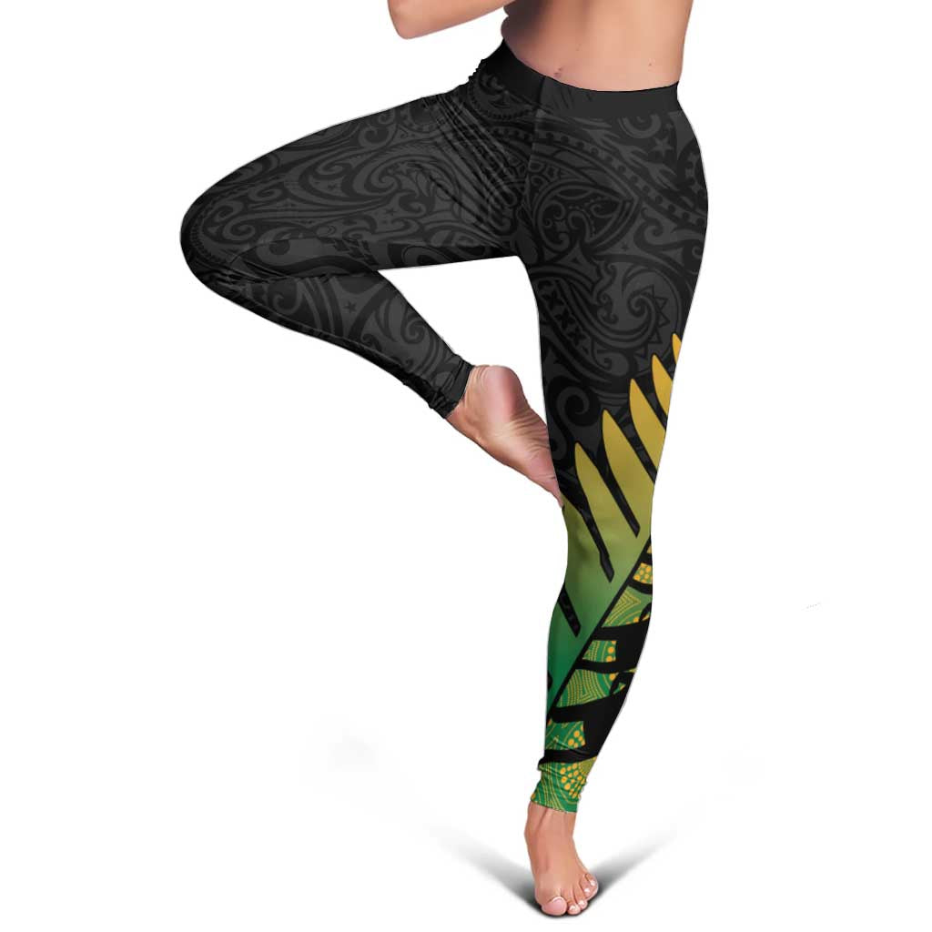 Australia New Zealand Rugby Leggings Gradient Aboriginal Wallabies and Maori Black Fern - Aussie Hoodie