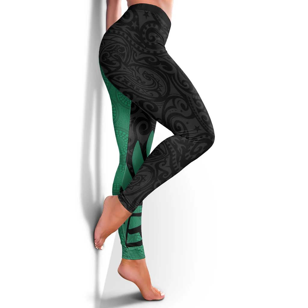 Australia New Zealand Rugby Leggings Green Aboriginal Wallabies and Maori Black Fern - Aussie Hoodie