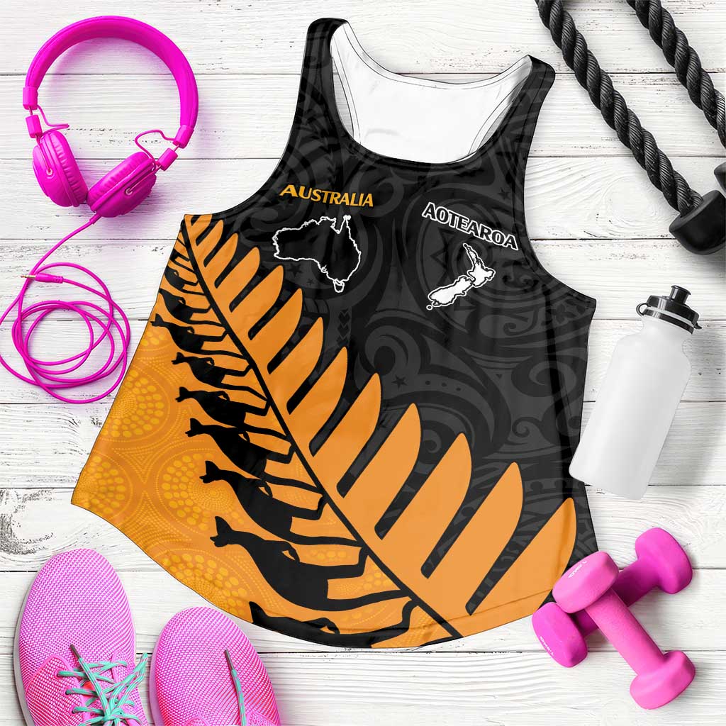 Australia New Zealand Rugby Women Racerback Tank Gold Aboriginal Wallabies and Maori Black Fern - Aussie Hoodie