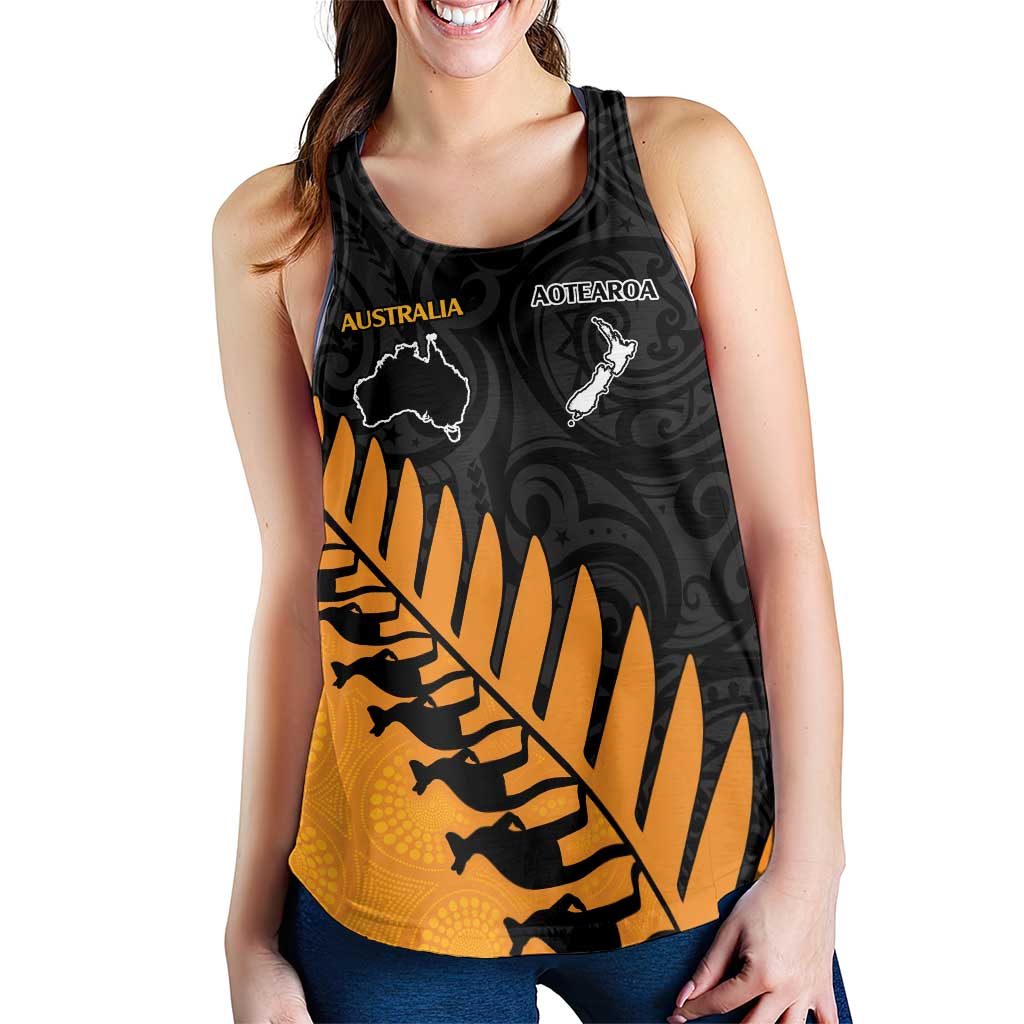 Australia New Zealand Rugby Women Racerback Tank Gold Aboriginal Wallabies and Maori Black Fern - Aussie Hoodie