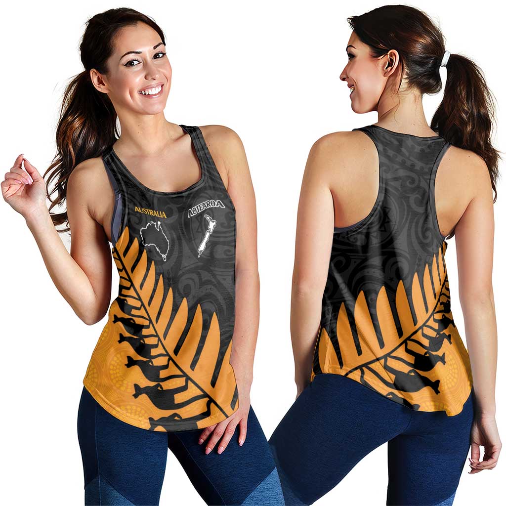 Australia New Zealand Rugby Women Racerback Tank Gold Aboriginal Wallabies and Maori Black Fern - Aussie Hoodie