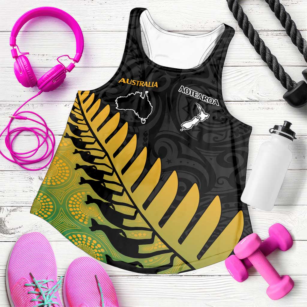 Australia New Zealand Rugby Women Racerback Tank Gradient Aboriginal Wallabies and Maori Black Fern - Aussie Hoodie