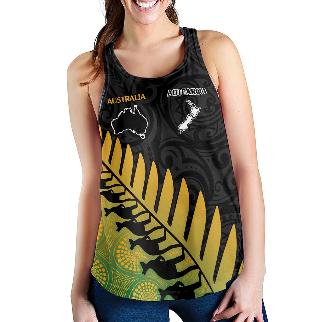 Australia New Zealand Rugby Women Racerback Tank Gradient Aboriginal Wallabies and Maori Black Fern - Aussie Hoodie