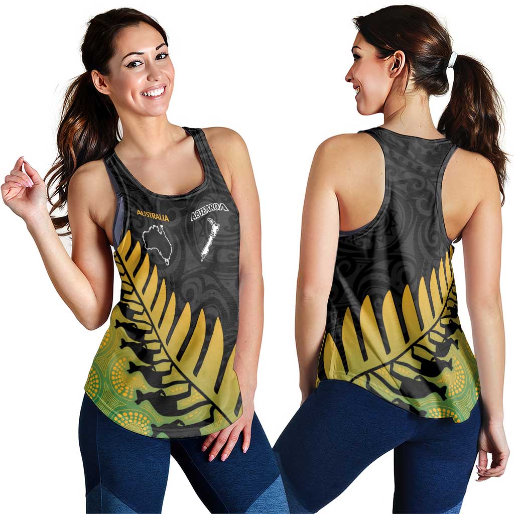 Australia New Zealand Rugby Women Racerback Tank Gradient Aboriginal Wallabies and Maori Black Fern - Aussie Hoodie