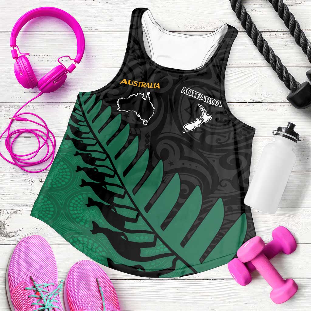 Australia New Zealand Rugby Women Racerback Tank Green Aboriginal Wallabies and Maori Black Fern - Aussie Hoodie