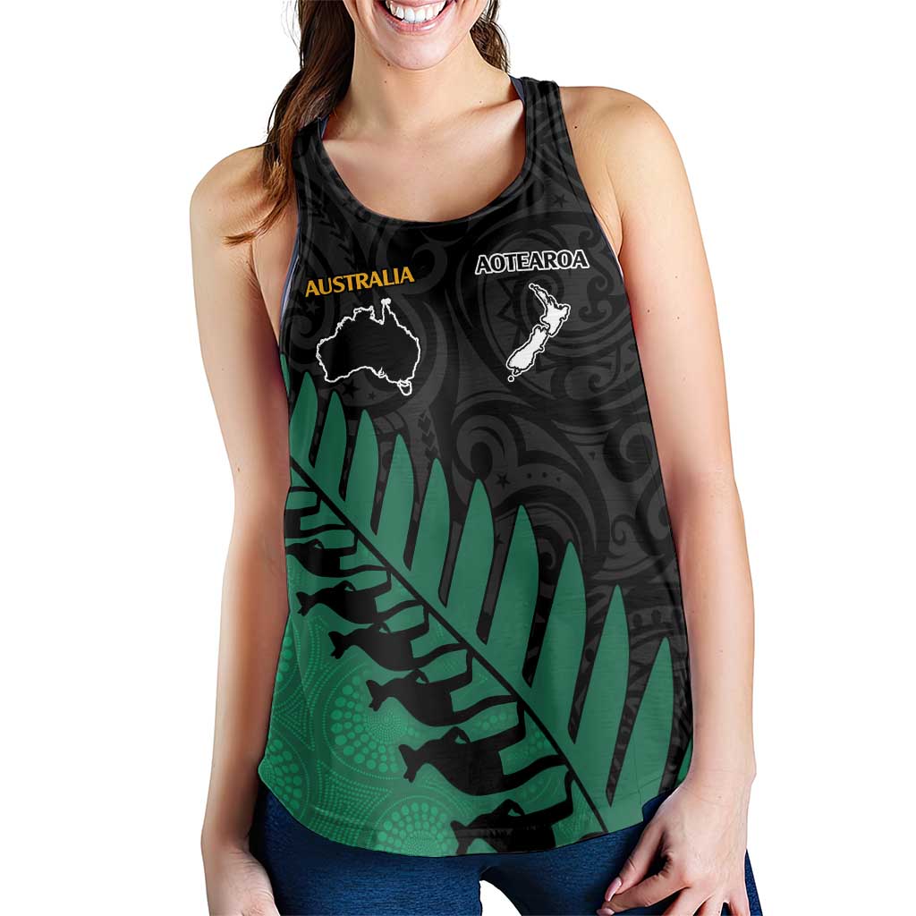 Australia New Zealand Rugby Women Racerback Tank Green Aboriginal Wallabies and Maori Black Fern - Aussie Hoodie