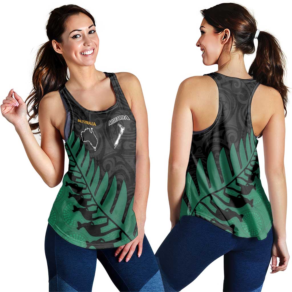 Australia New Zealand Rugby Women Racerback Tank Green Aboriginal Wallabies and Maori Black Fern - Aussie Hoodie