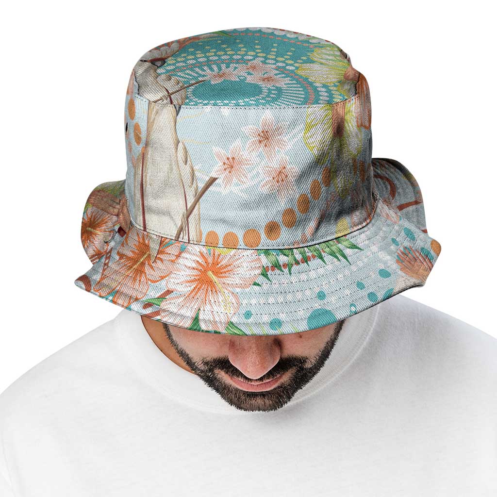Australia Pink Cockatoo Aboriginal Art Bucket Hat Tropical Hibiscus Floral Style