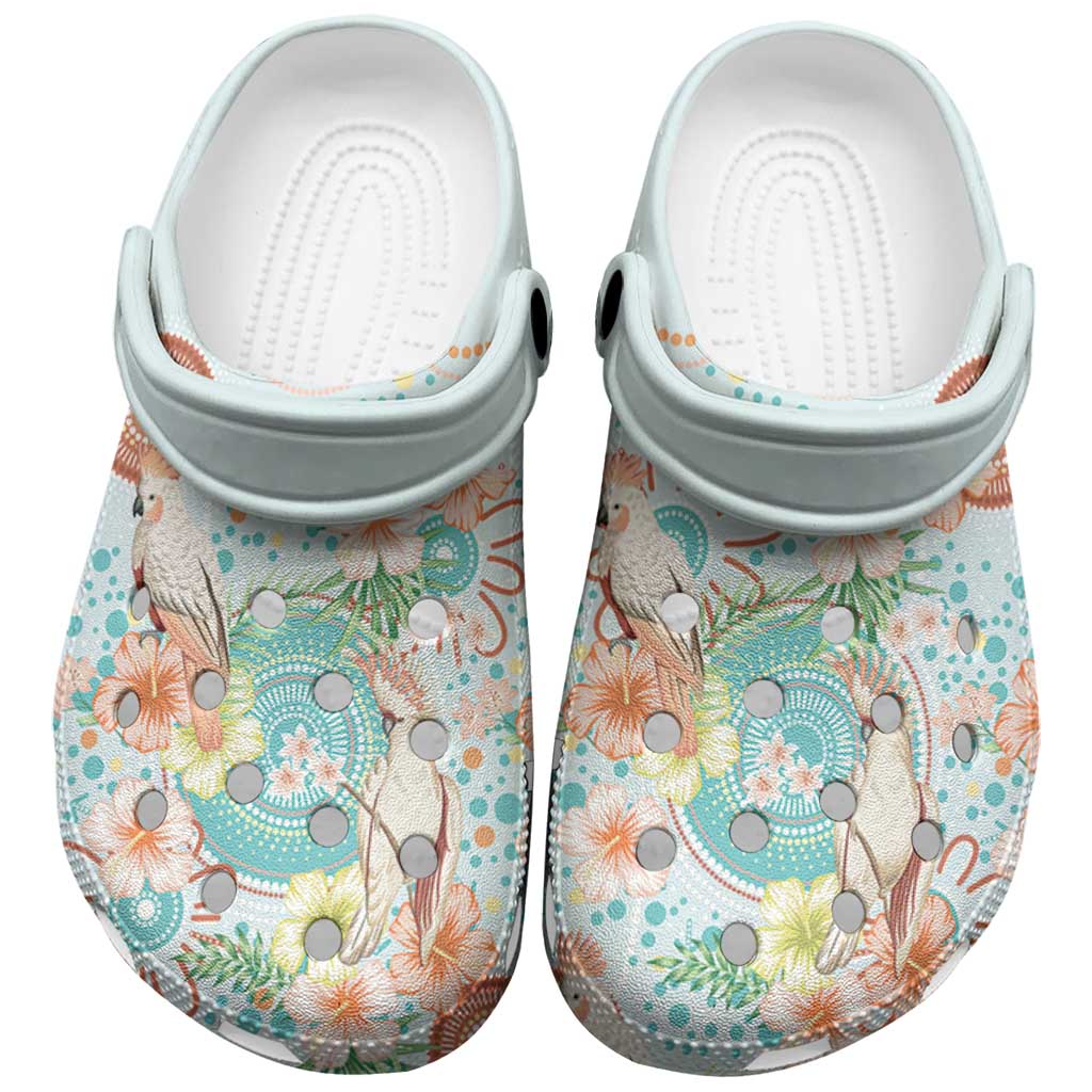 Australia Pink Cockatoo Aboriginal Art Clogs Shoes Tropical Hibiscus Floral Style