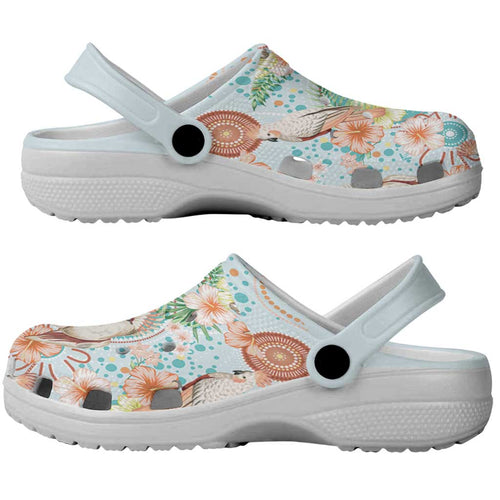 Australia Pink Cockatoo Aboriginal Art Clogs Shoes Tropical Hibiscus Floral Style