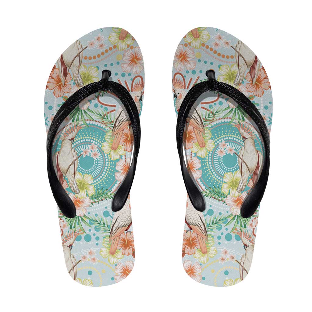 Australia Pink Cockatoo Aboriginal Art Flip Flops Tropical Hibiscus Floral Style