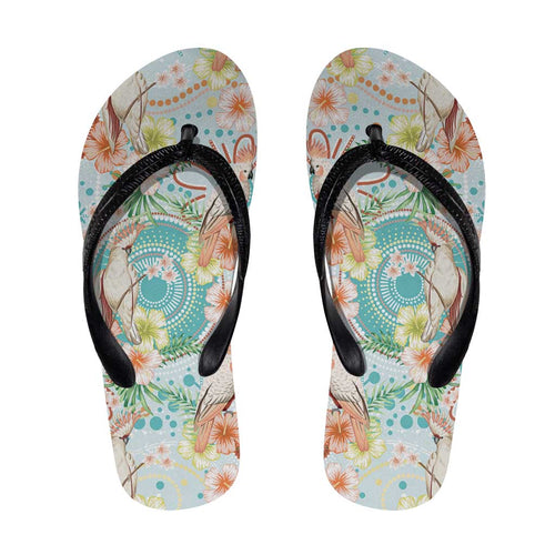 Australia Pink Cockatoo Aboriginal Art Flip Flops Tropical Hibiscus Floral Style