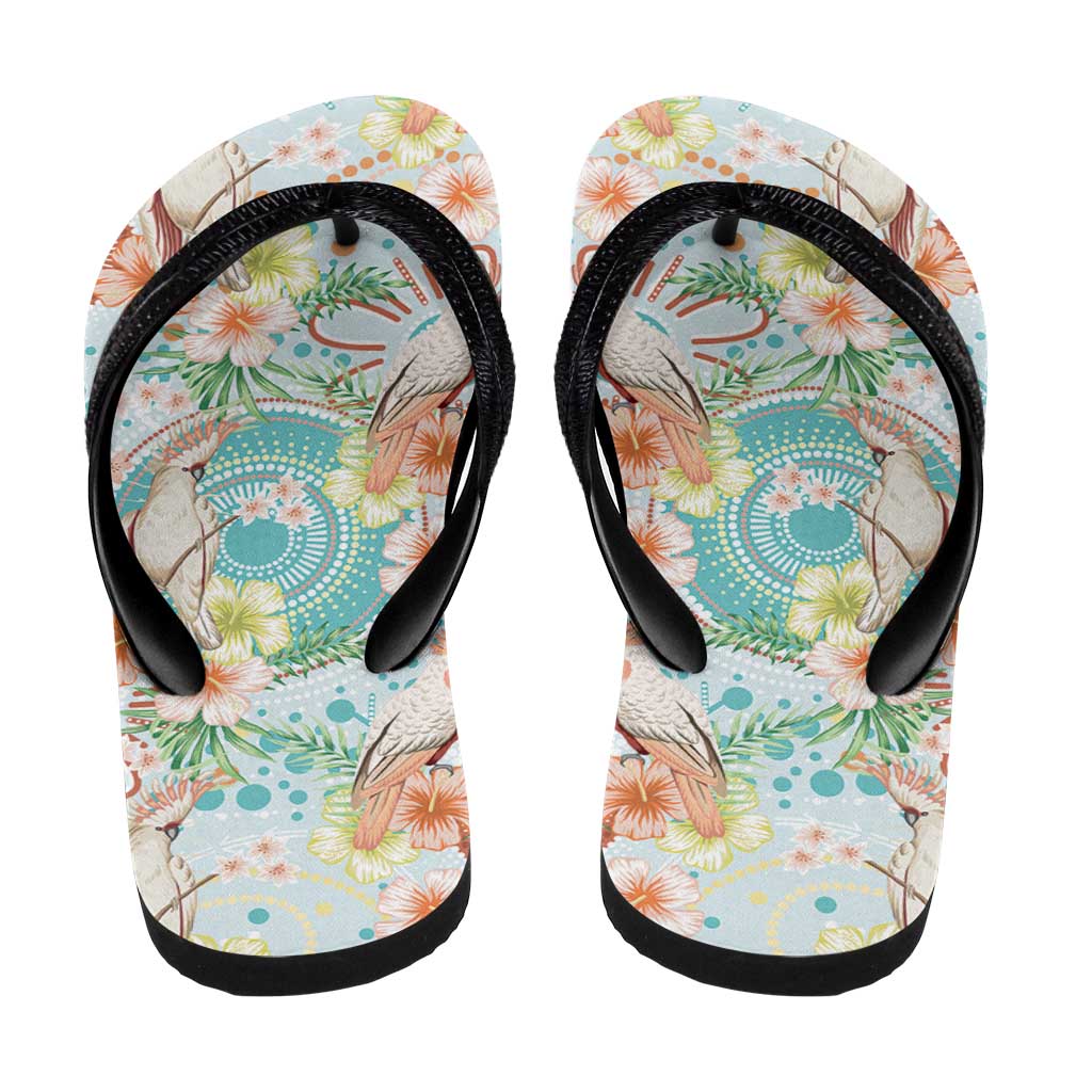 Australia Pink Cockatoo Aboriginal Art Flip Flops Tropical Hibiscus Floral Style
