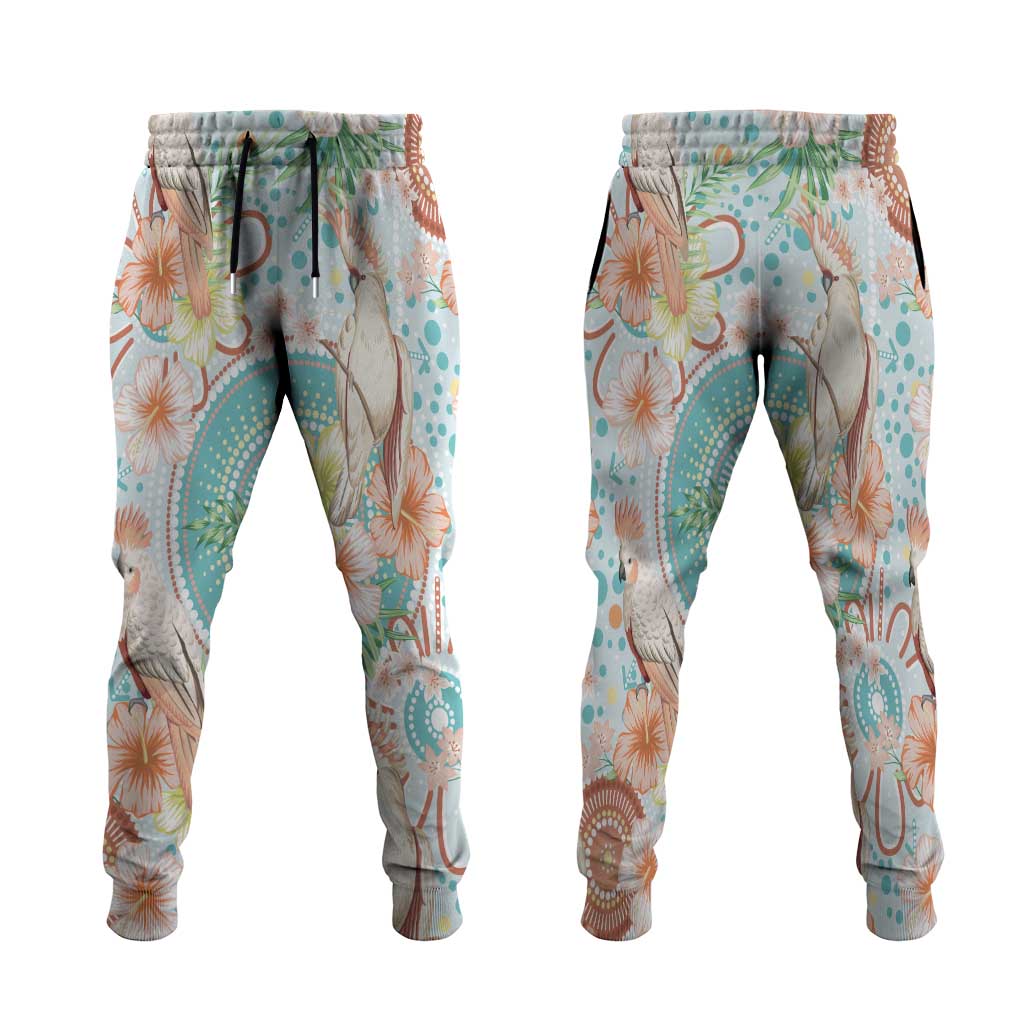 Australia Pink Cockatoo Aboriginal Art Jogger Pants Tropical Hibiscus Floral Style