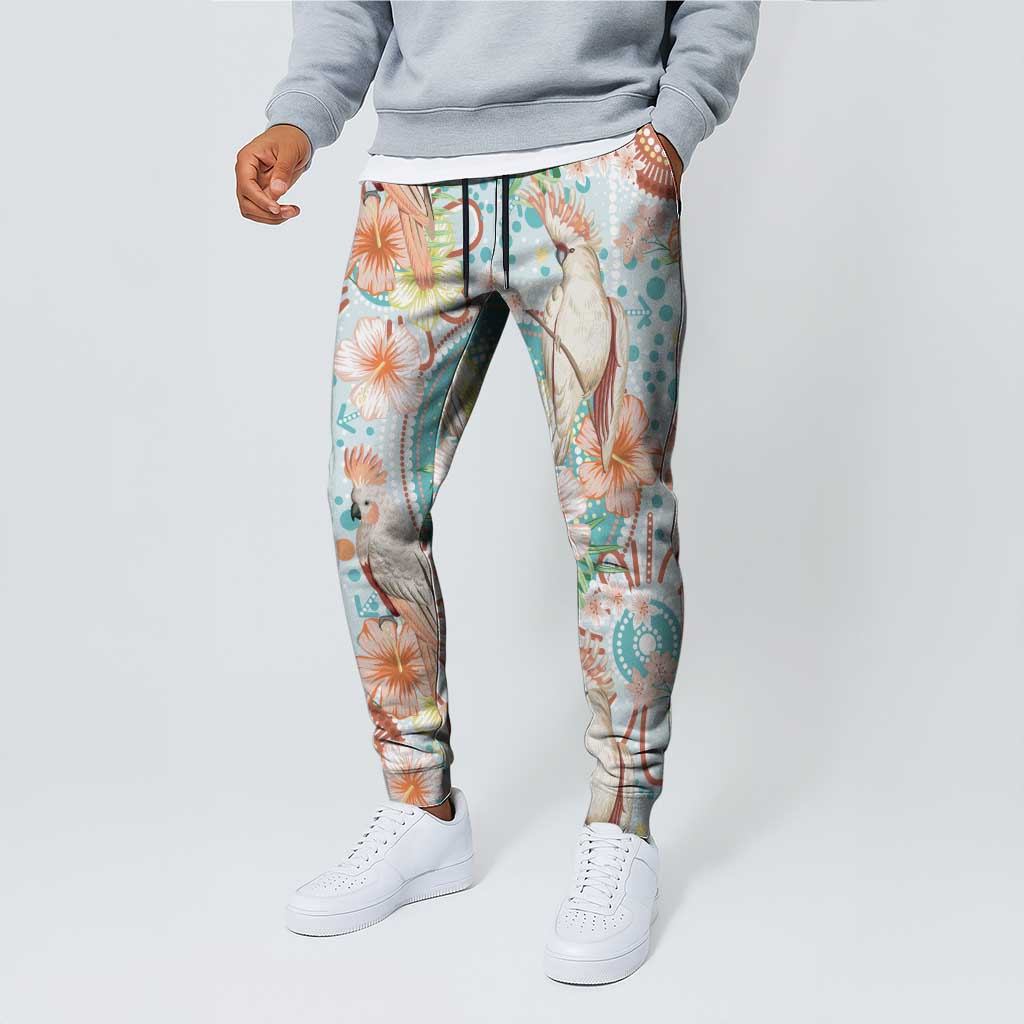 Australia Pink Cockatoo Aboriginal Art Jogger Pants Tropical Hibiscus Floral Style
