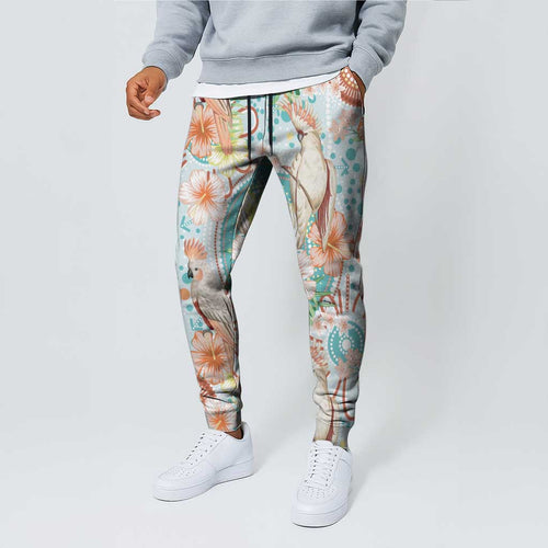 Australia Pink Cockatoo Aboriginal Art Jogger Pants Tropical Hibiscus Floral Style