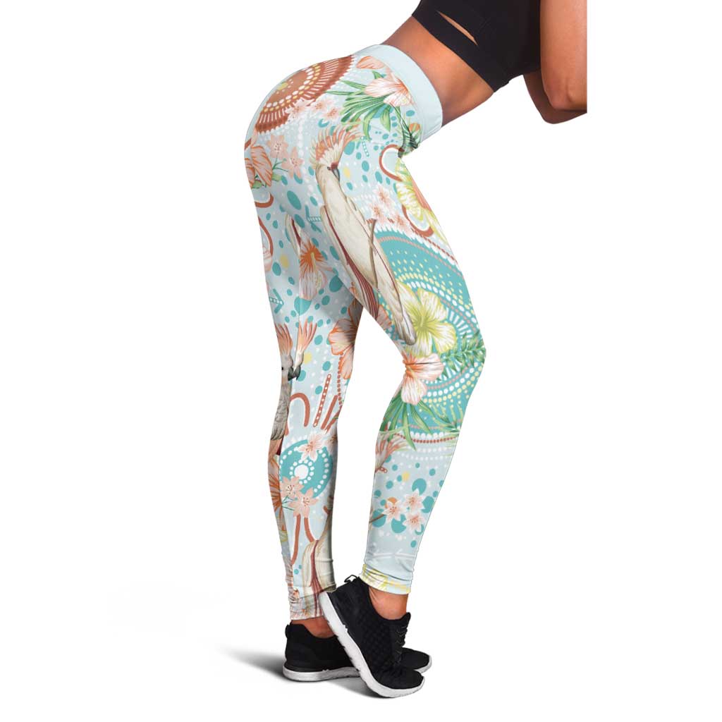 Australia Pink Cockatoo Aboriginal Art Leggings Tropical Hibiscus Floral Style
