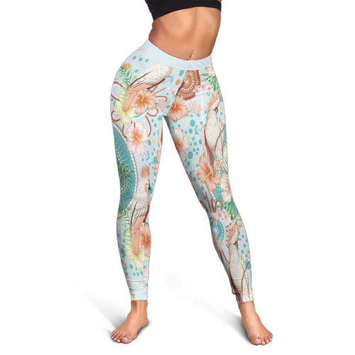 Australia Pink Cockatoo Aboriginal Art Leggings Tropical Hibiscus Floral Style
