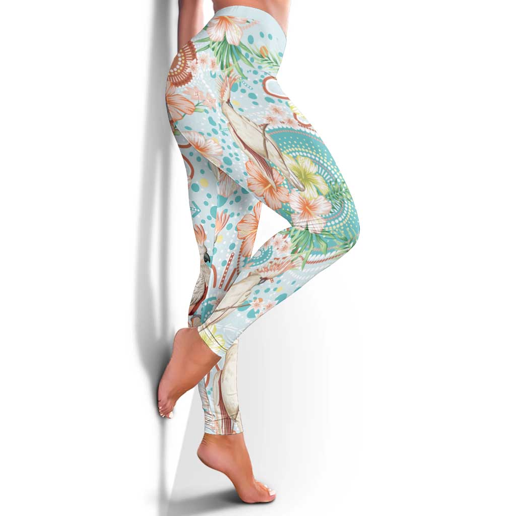Australia Pink Cockatoo Aboriginal Art Leggings Tropical Hibiscus Floral Style