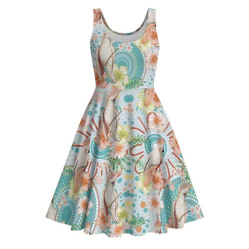 Australia Pink Cockatoo Aboriginal Art Midi Dress Tropical Hibiscus Floral Style