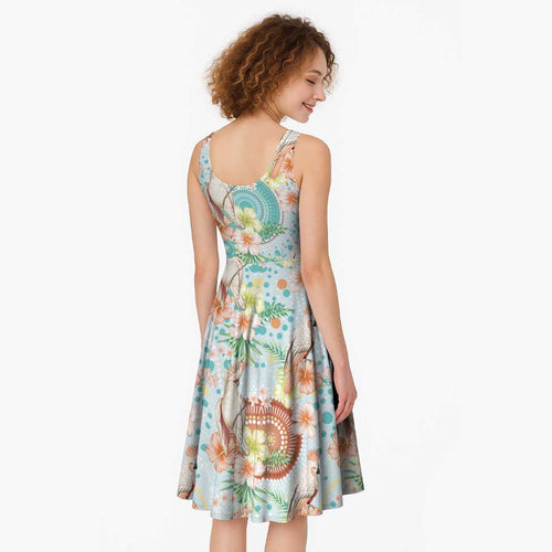 Australia Pink Cockatoo Aboriginal Art Midi Dress Tropical Hibiscus Floral Style