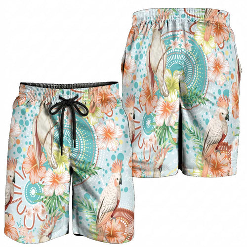 Australia Pink Cockatoo Aboriginal Art Shorts for Men Tropical Hibiscus Floral Style